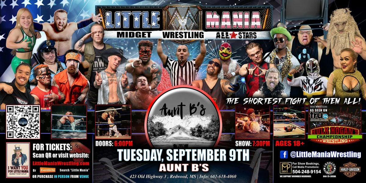 Redwood, MS - Little Mania Midget Wrestling @ Aunt B's, 9 September | Event in Redwood | AllEvents