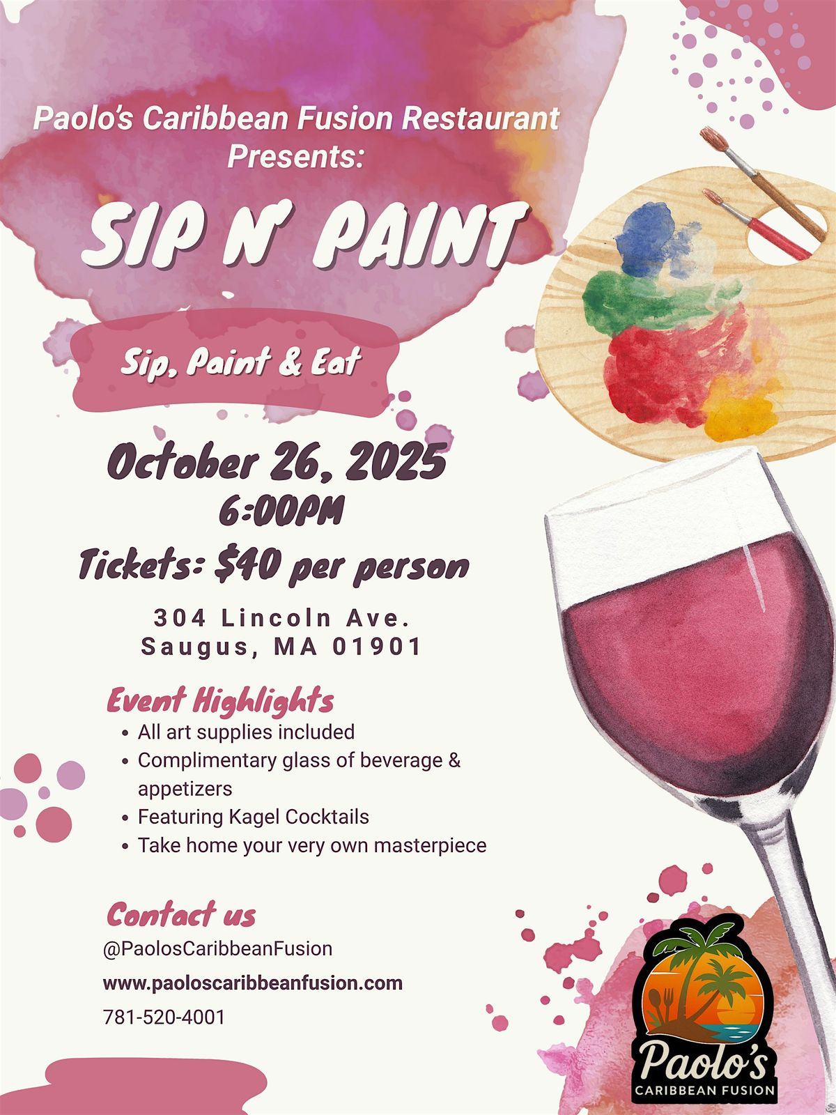 Paolo’s Caribbean Fusion Presents: Sip N’ Paint, 26 October | Event in Saugus | AllEvents