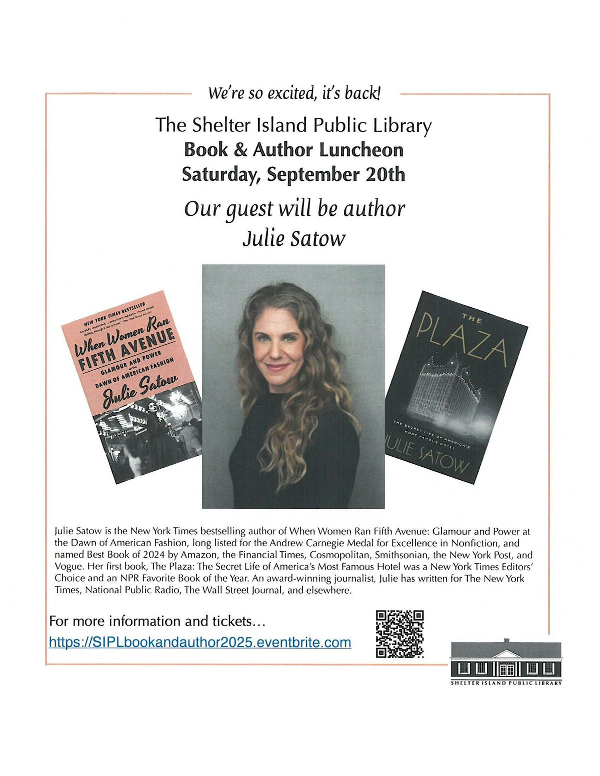 Shelter Island Library Book and Author Luncheon with Julie Satow, 20 September | Event in Shelter Island Heights