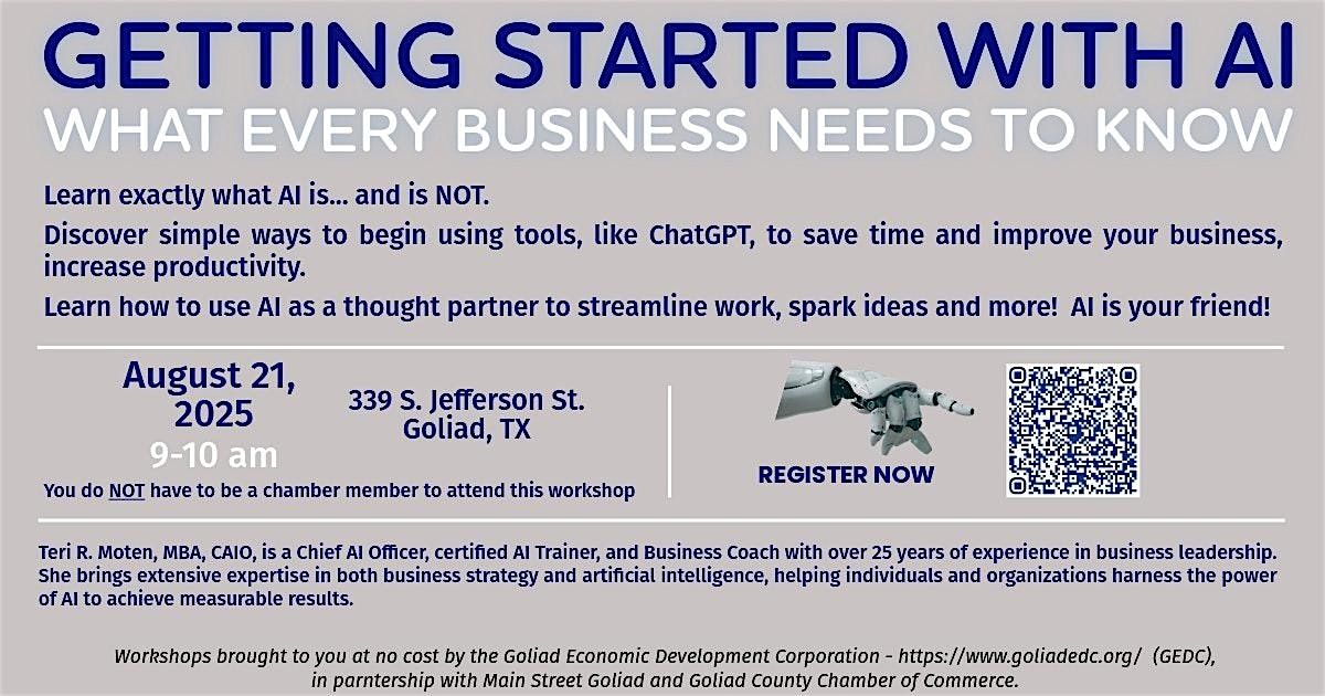 Getting Started w/ AI - What Every Business Needs to Know, 21 August | Event in Goliad | AllEvents