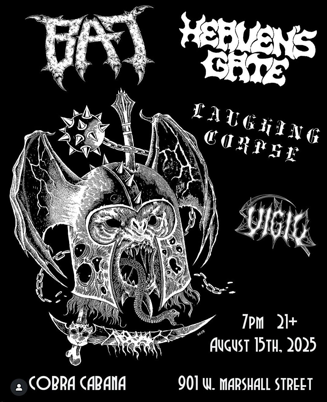BAT/ HEAVEN'S GATE/ LAUGHING CORPSE/ VIGIL @ Cobra Cabana 8/15, 15 August | Event in Richmond | AllEvents