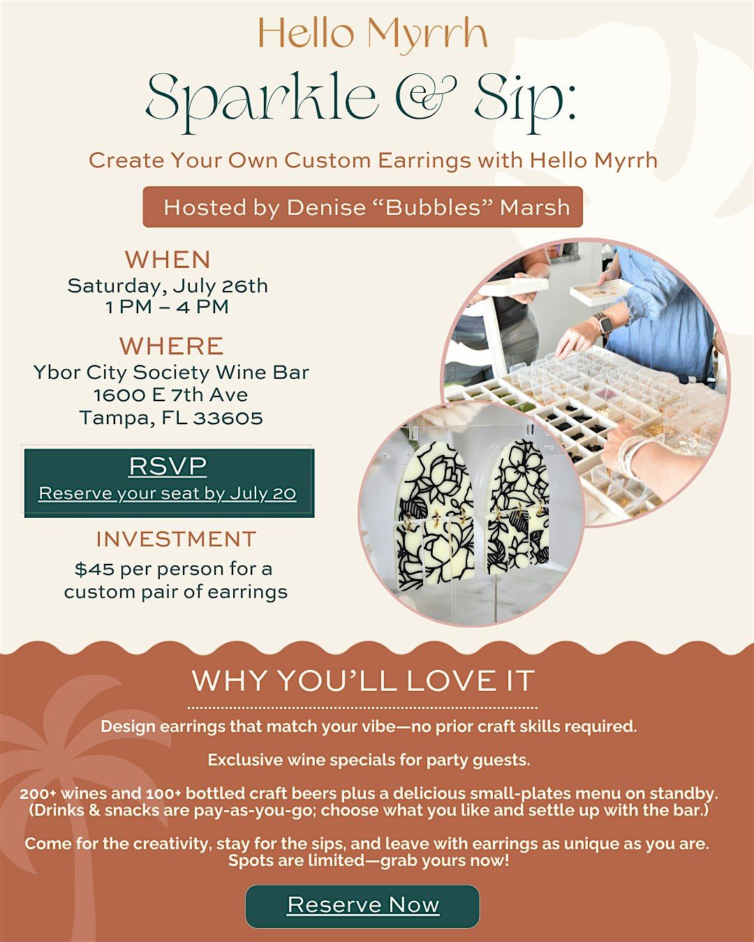 SPARKLE & SIP EARRING WORKSHOP, 26 July | Event in Tampa | AllEvents