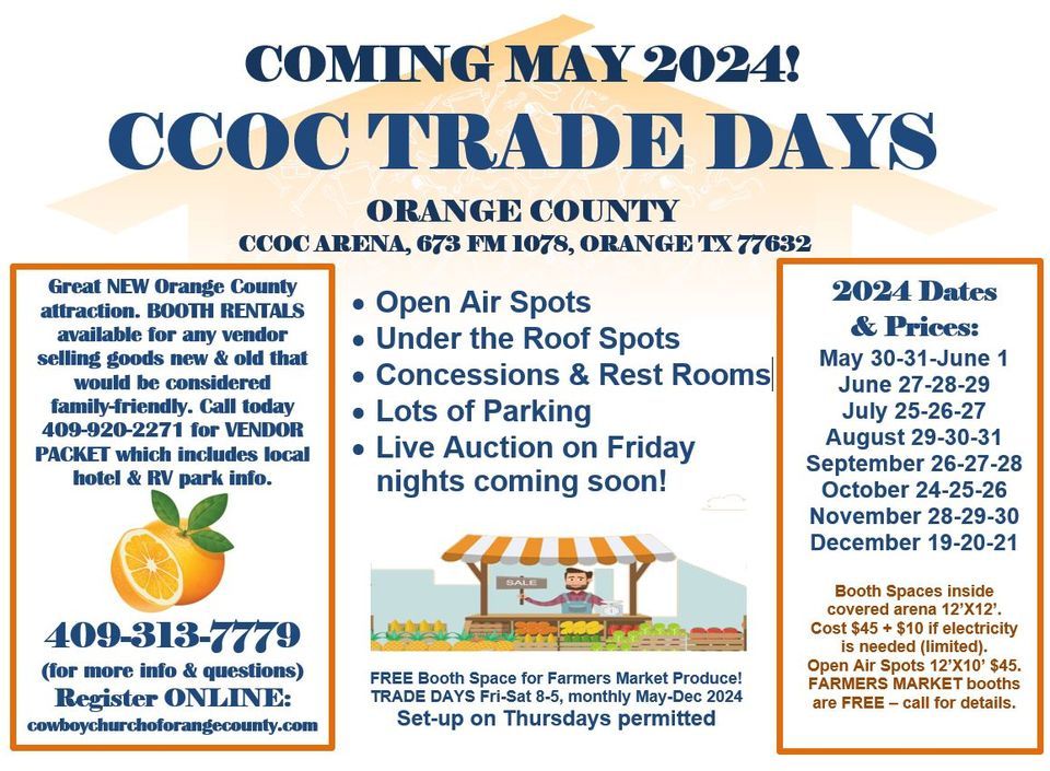 CCOC TRADE DAYS Online Booth Registration OPEN NOW! First Trade Days May 3031June 1, 673 FM