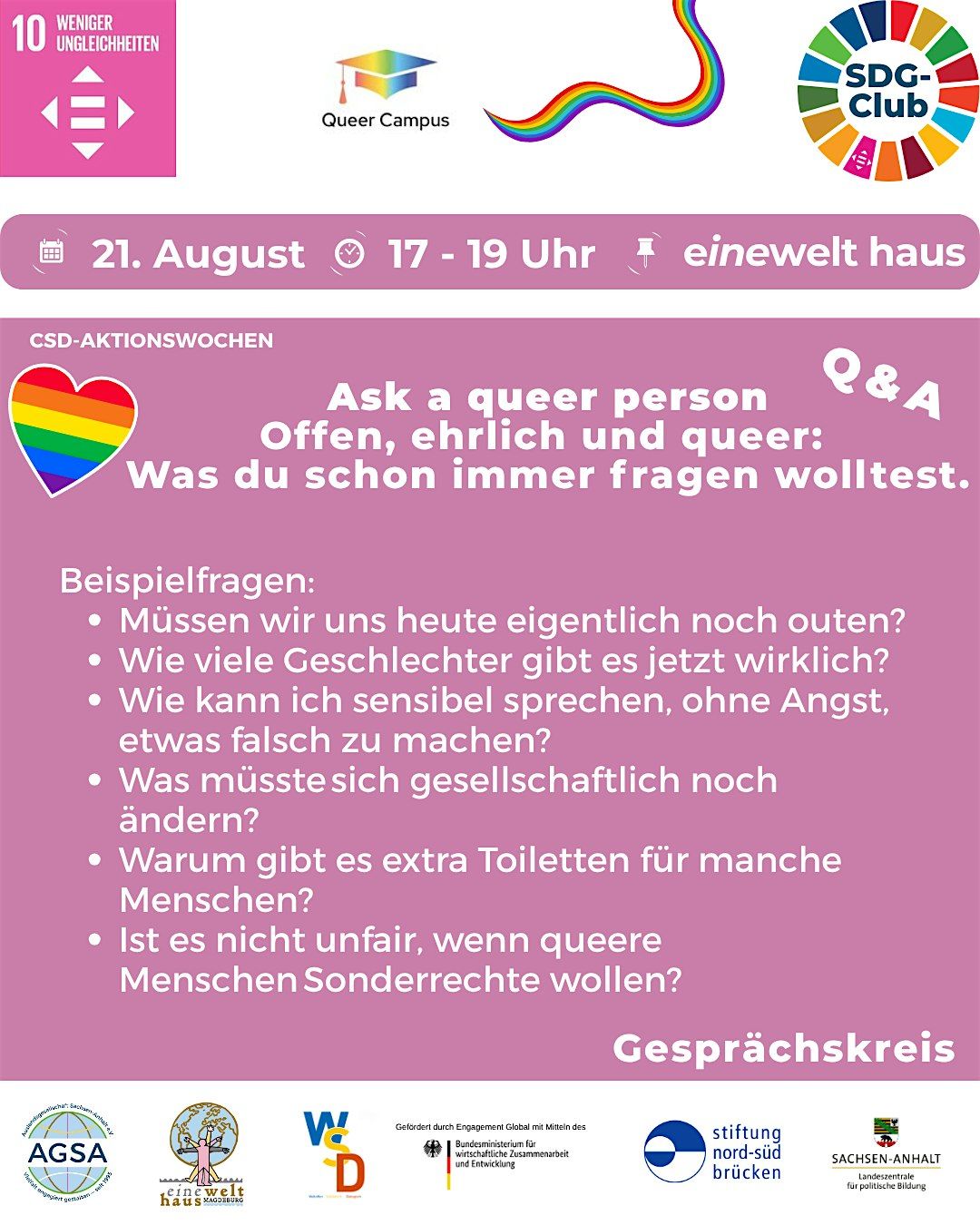 SDG-Club: Ist das queer oder kann das weg? Offen, ehrlich und queer, 21 August | Event in Magdeburg | AllEvents