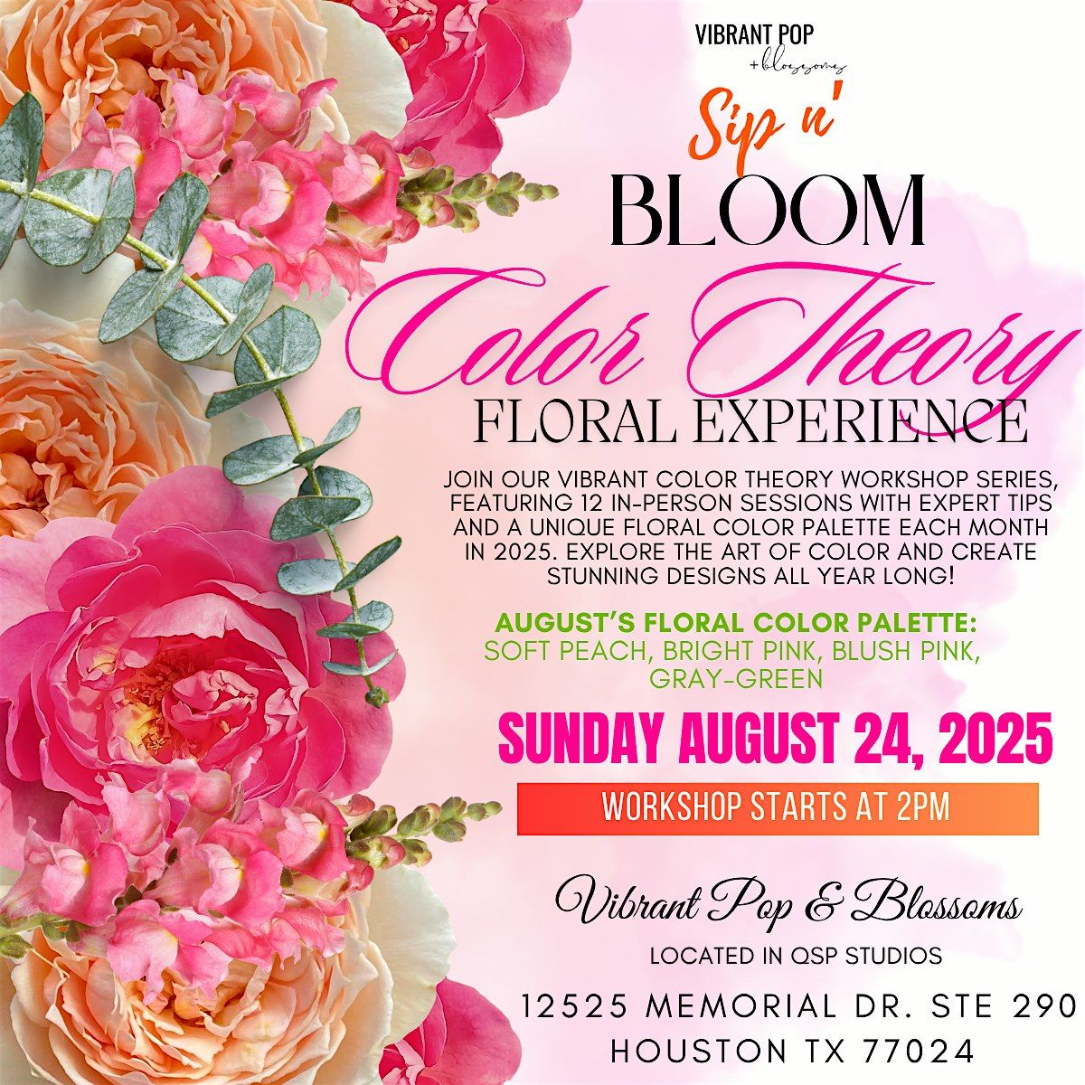 Vibrant Pop & Blossoms  *Sip n Bloom* Floral Workshop, 24 August | Event in Houston | AllEvents