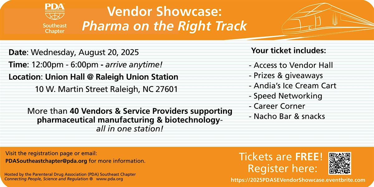 PDA Southeast Chapter Vendor Showcase: Pharma on the Right Track, 20 August | Event in Raleigh | AllEvents
