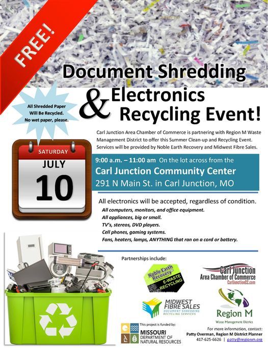 Free Document Shredding Electronic Recycling Event Carl Junction Community Center July 10 2021 Allevents In Free Shredding Events Utah July 2022