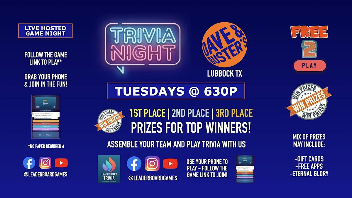 Trivia Night | Dave & Buster's - Lubbock TX - TUE 630p - @LeaderboardGames | Event in Lubbock | AllEvents