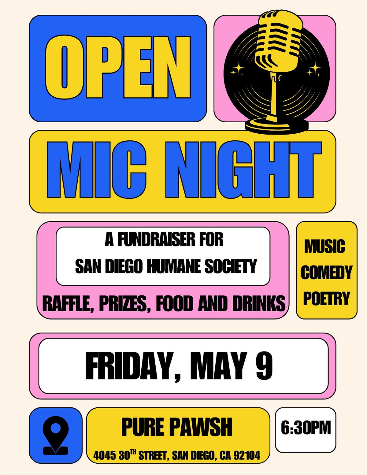 Open Mic Night: A Fundraiser for San Diego Humane Society at Pure Pawsh, 9 May | Event in San Diego | AllEvents