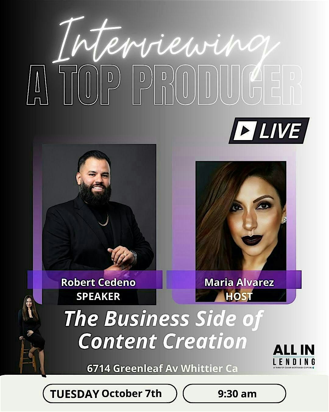 THE BUSINESS SIDE OF CONTENT CREATION, INTERVIEWING A TOP PRODUCER | Event in Whittier | AllEvents