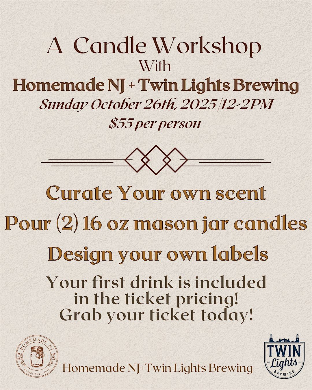 SUNDAY OCTOBER 26TH FALL CANDLE WORKSHOP AT TWIN LIGHTS BREWING, 26 October | Event in Tinton Falls | AllEvents