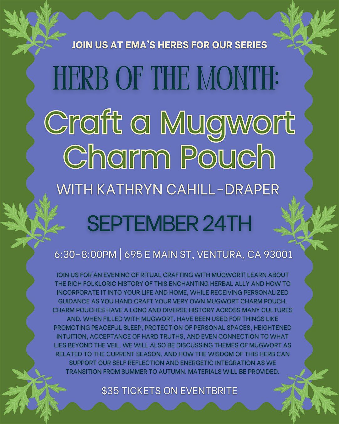 September Herb of the Month: Craft a Mugwort Charm Pouch with Kathryn, 24 September | Event in Ventura | AllEvents