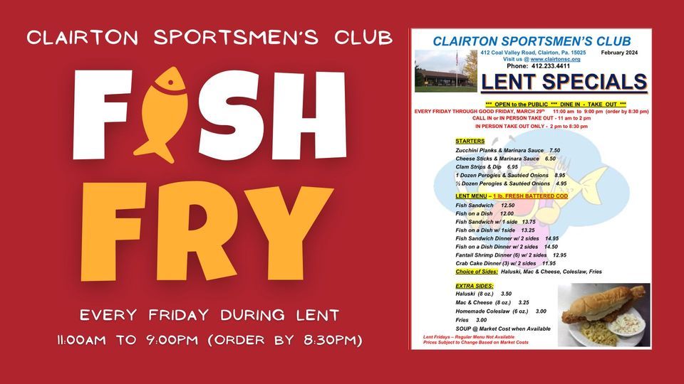 Lenten Fish Fry, 412 Coal Valley Road, Clairton, PA, United States