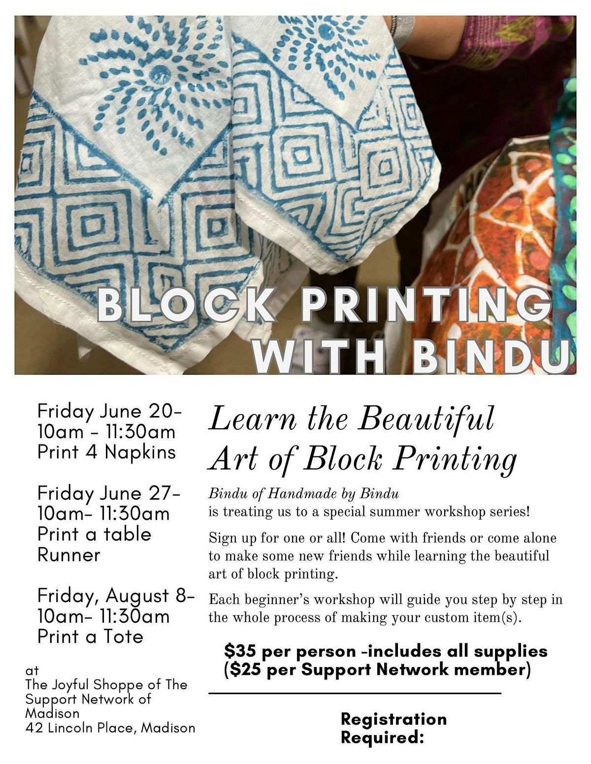Block Printing with Bindu - Print a Table Runner, 27 June | Event in Madison | AllEvents