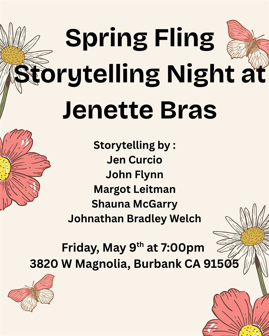 Spring Fling Storytelling Night at Jenette Bras, 9 May | Event in Burbank | AllEvents