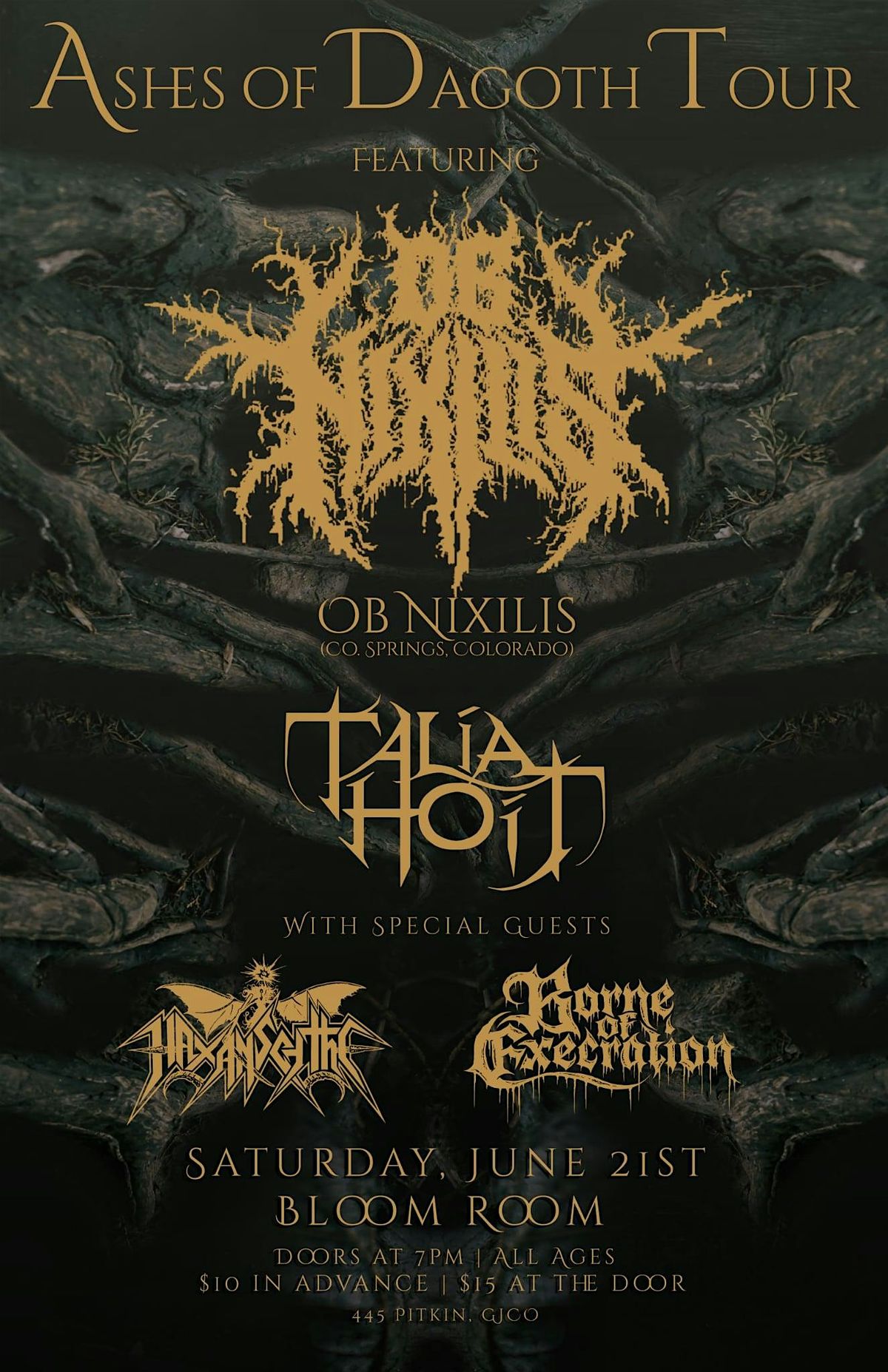 Ob Nixilis, Talia Hoit, Haxanscythe, & Bourne of Execration @ Bloom Room, 21 June | Event in Grand Junction
