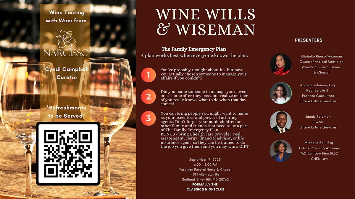 Wine Wills & Wiseman: The Family Emergency Plan, 17 September | Event in Suitland-Silver Hill | AllEvents