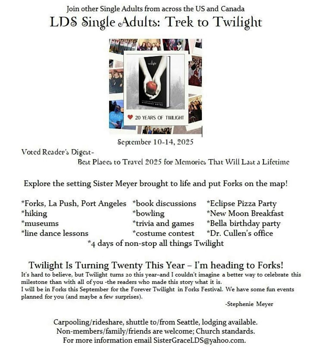 Trek to Twilight with Single Adults, 10 September | Event in Forks | AllEvents