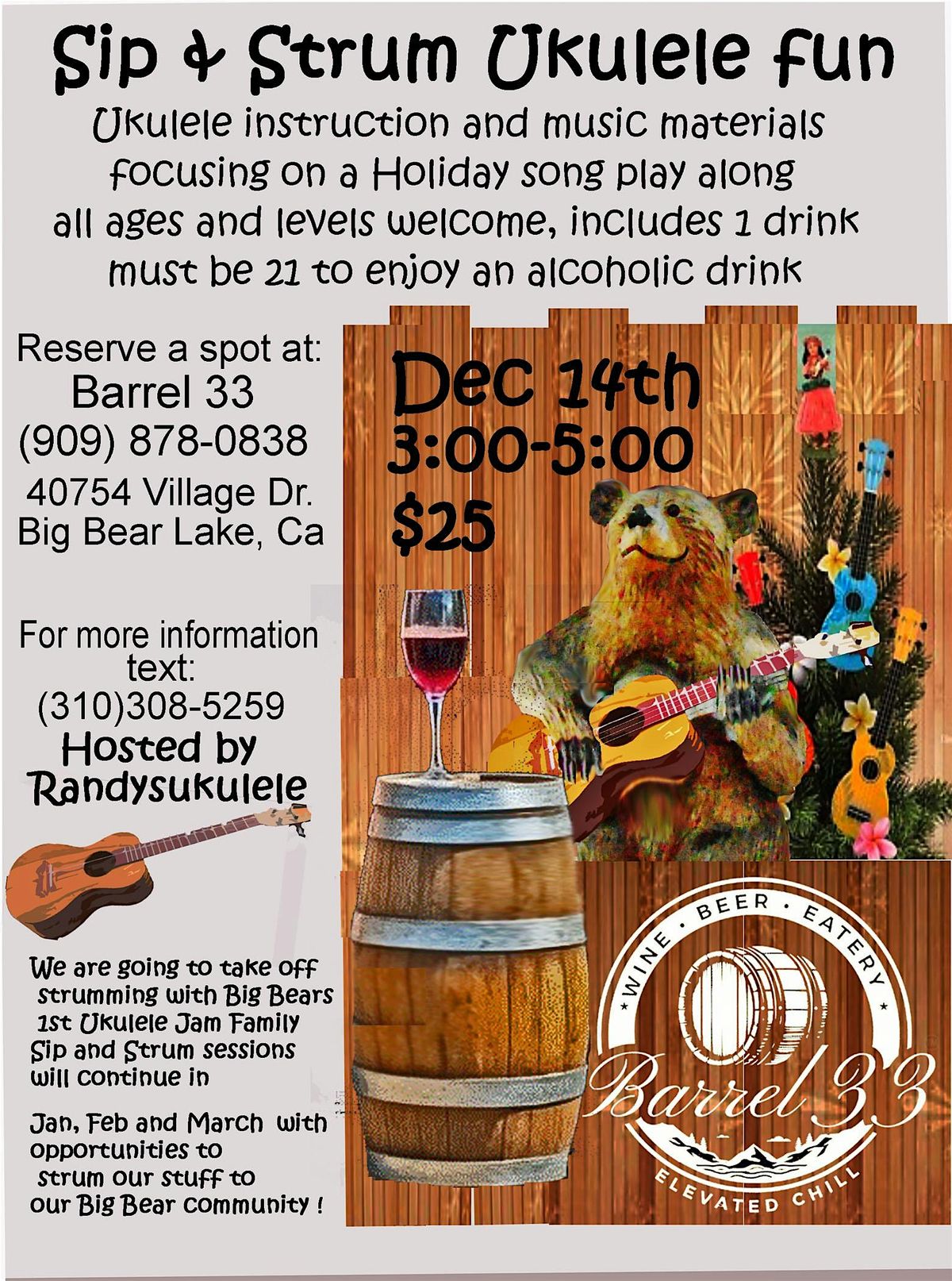 Sip & Strum Ukulele Fun!, 14 December | Event in Big Bear Lake | AllEvents
