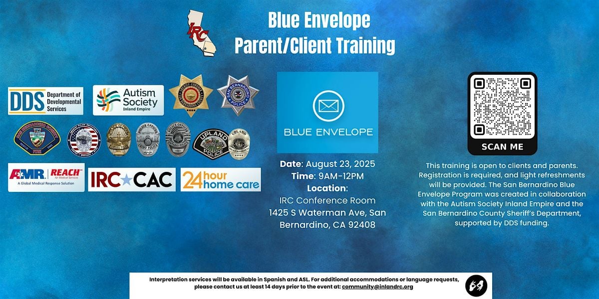 Blue Envelope Parent/Client Training at IRC August 2025, 23 August | Event in San Bernardino | AllEvents