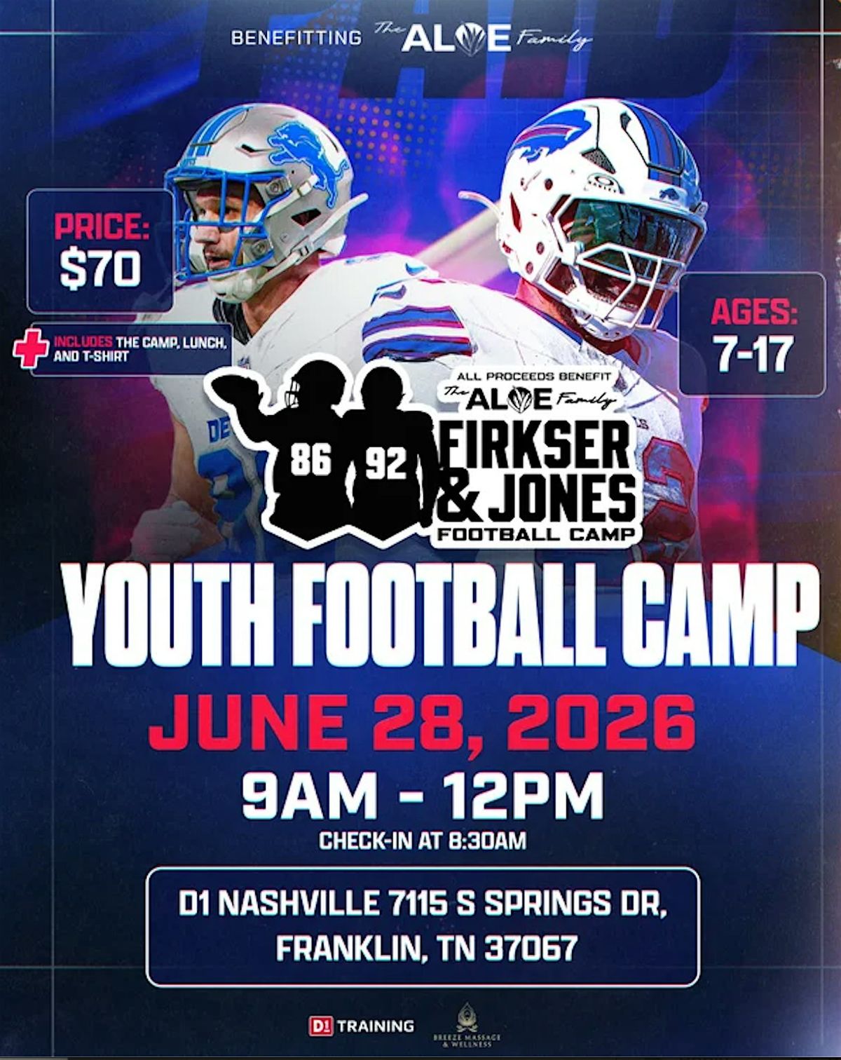 NFL Youth Camp at D1 Cool Springs benefitting The Aloe Family June 28th ...