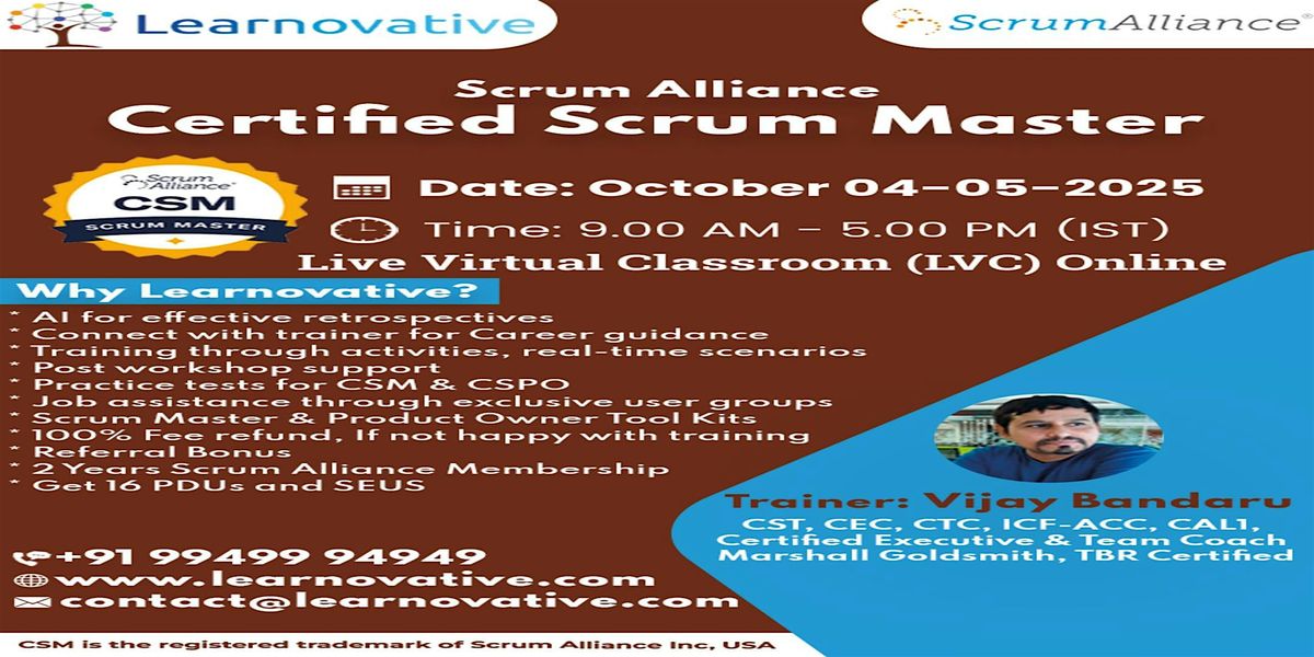 Certified Scrum Master (CSM) Certification | 04 – 05 October 2025 | Event in Hyderabad | AllEvents