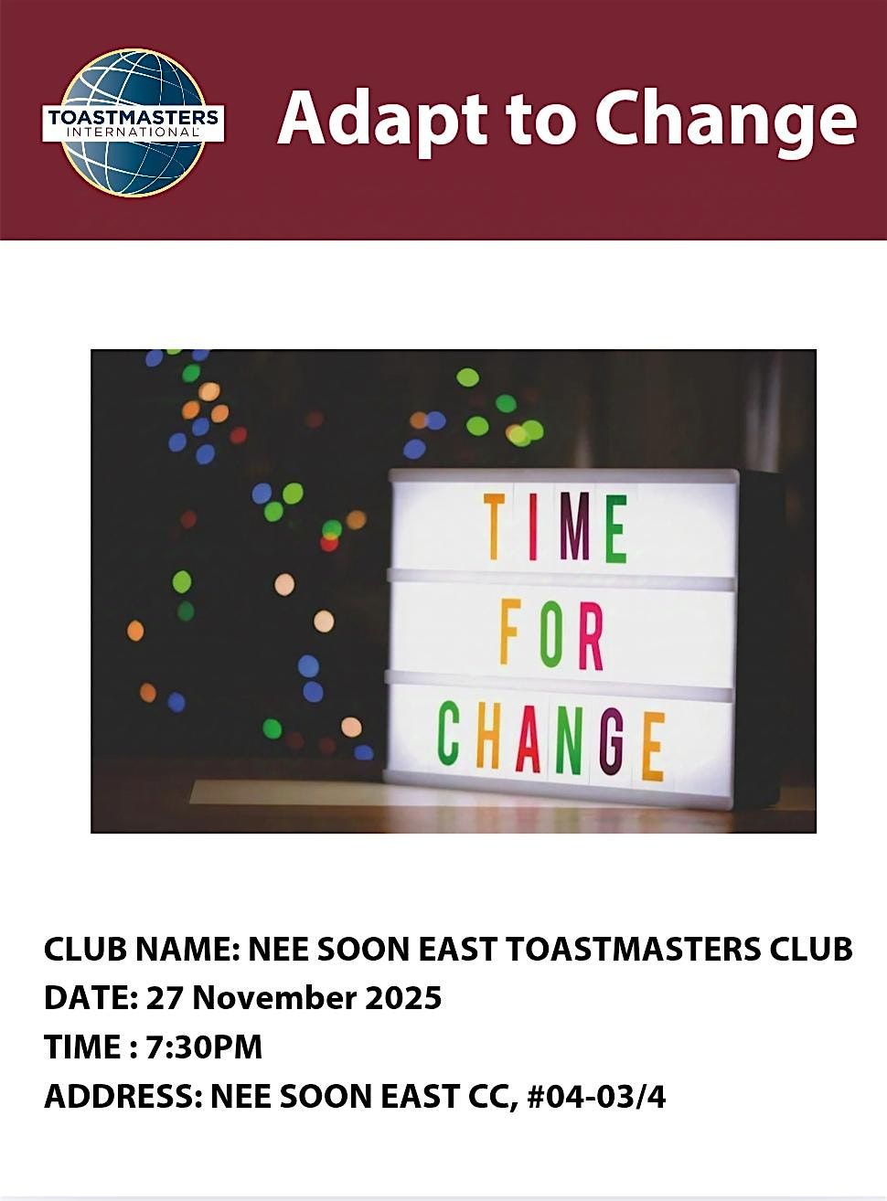 Toastmaster Chapter Meeting : Adapt to Change, 27 November | Event in Yishun | AllEvents
