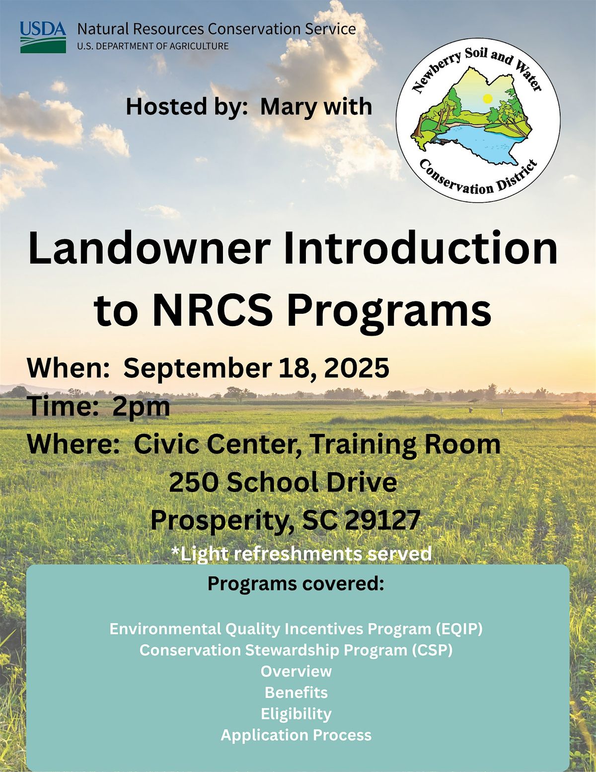 Landowner Introduction to NRCS Programs, 18 September | Event in Prosperity | AllEvents