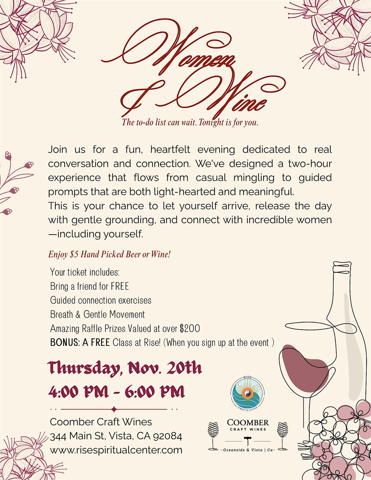 Women & Wine: An Evening of Connection & Conversation, 20 November | Event in Vista | AllEvents
