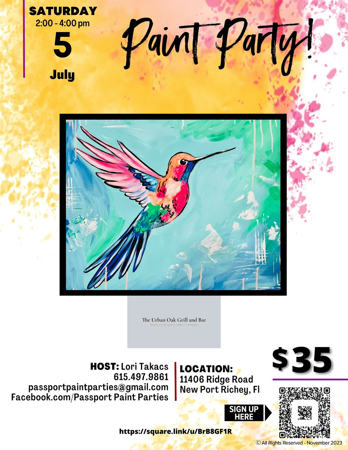 7.5.25  Hummingbird in Flight Paint and Sip at  The Urban Oak Bar and Grill, 5 July | Event in New Port Richey