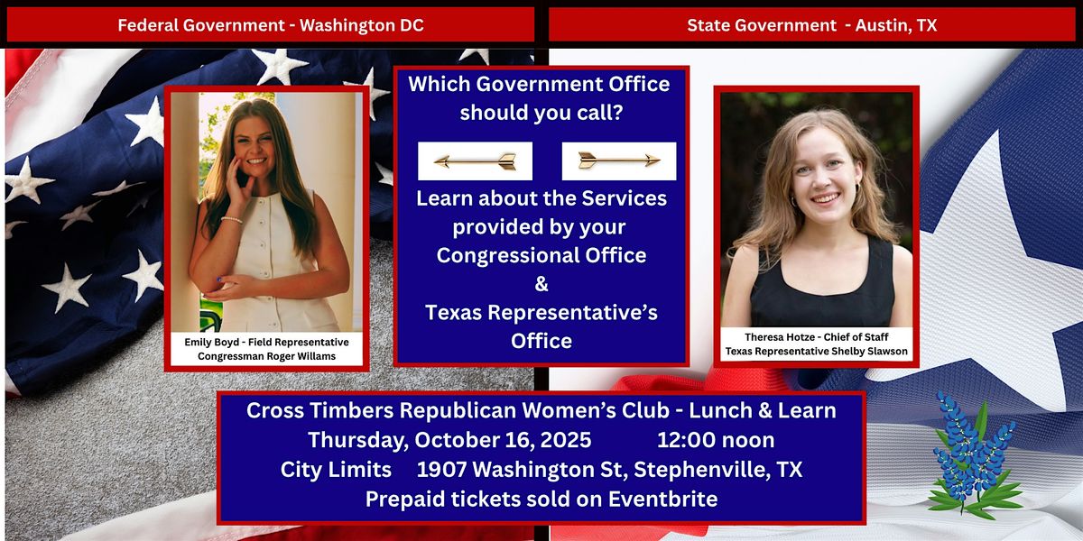 Cross Timbers Republican Women's Club  - Lunch & Learn, 16 October | Event in Stephenville | AllEvents