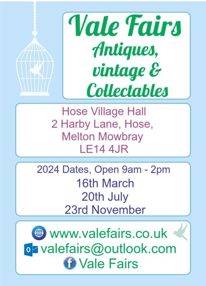 Antiques, vintage and collectables fair, Hose Village Hall, Harby