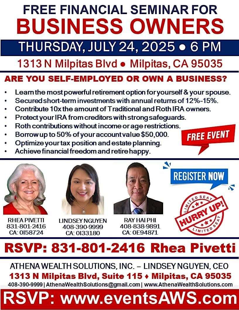 Free Financial Seminar For Business Owners, 24 July | Event in Milpitas | AllEvents