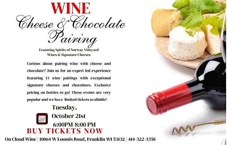 Wine, Cheese & Chocolate Pairing at On Cloud Wine, 21 October | Event in Franklin | AllEvents