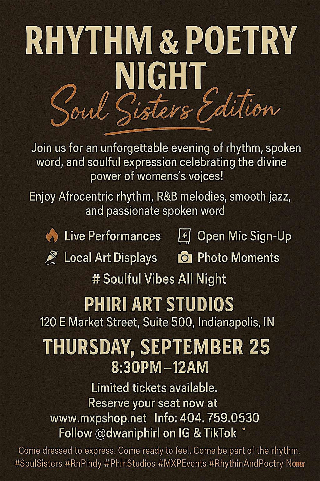 Rhythm & Poetry Night – Soul Sisters Edition ( OPEN MIC ) ART SHOW @PHIRI, 25 September | Event in Indianapolis