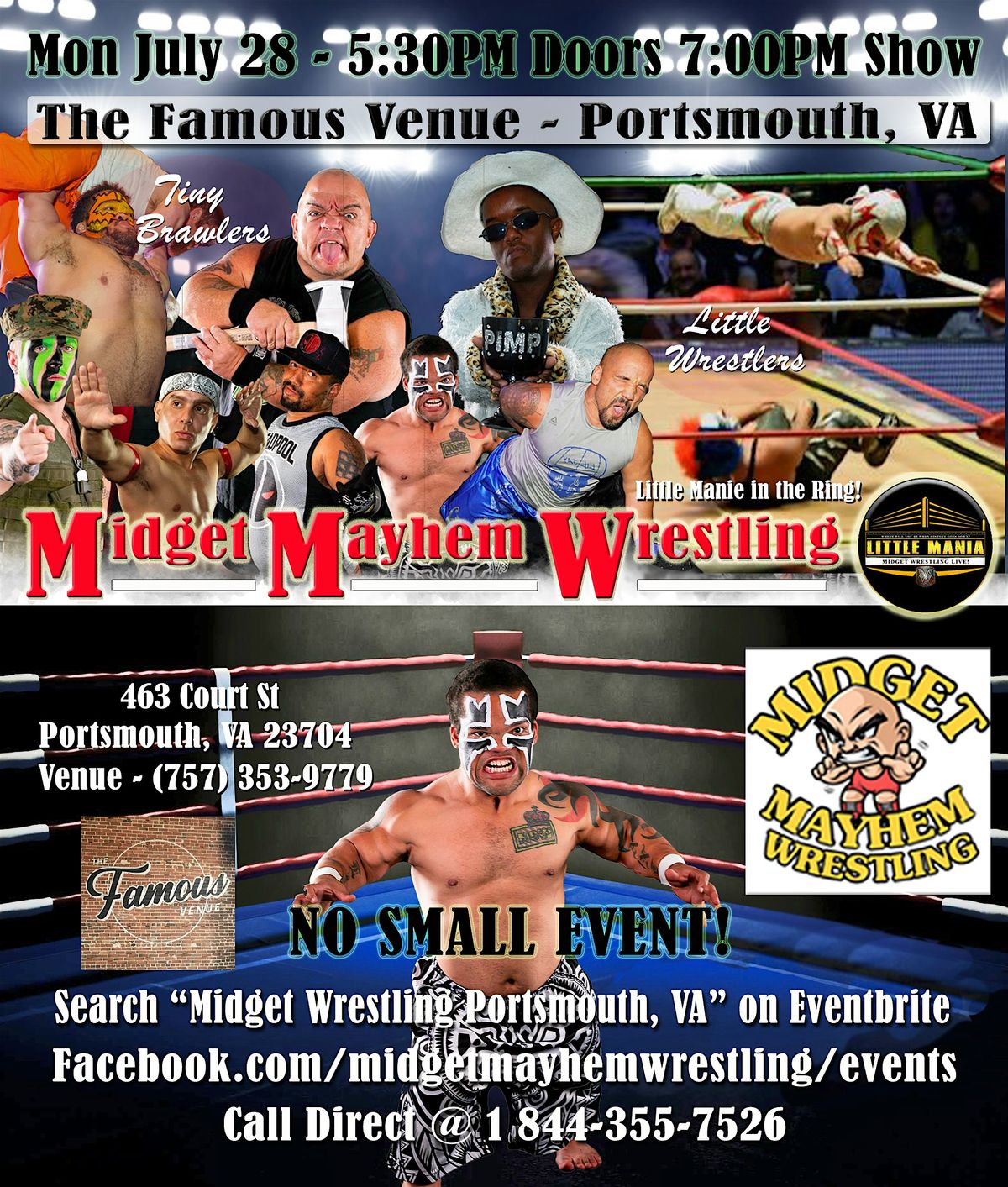 2 SHOWS: Midget Mayhem Wrestling Rips Through the Ring- Portsmouth VA 18+, 28 July | Event in Ashburn | AllEvents