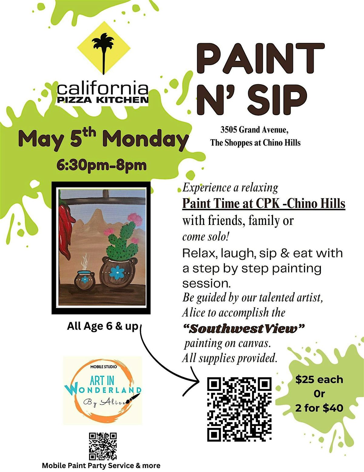 Paint n Sip at California Pizza Kitchen Chino Hills, 5 May | Event in Chino Hills | AllEvents