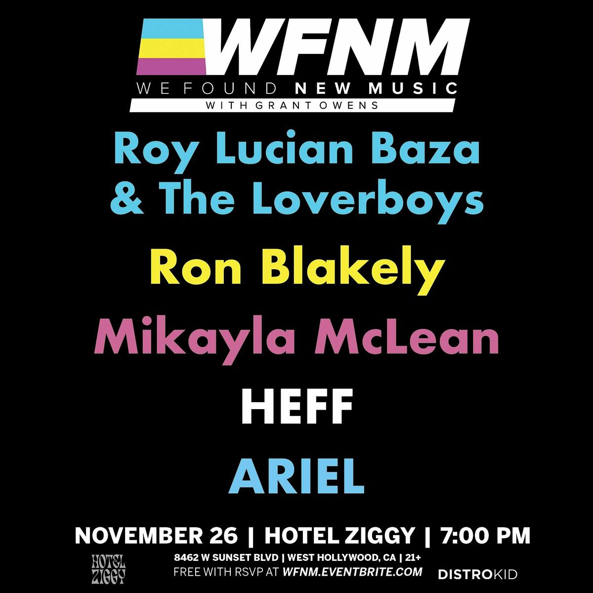 Roy Lucian Baza  & The Loverboys, Ron Blakely, Mikayla McLean, HEFF, ARIEL, 26 November | Event in West Hollywood