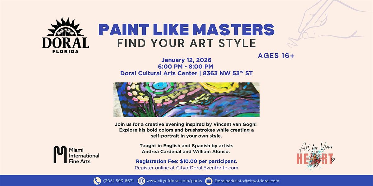 Paint Like Masters- Find your Art Style Art Class with MIFA (+16 only), 12 January | Event in Doral | AllEvents