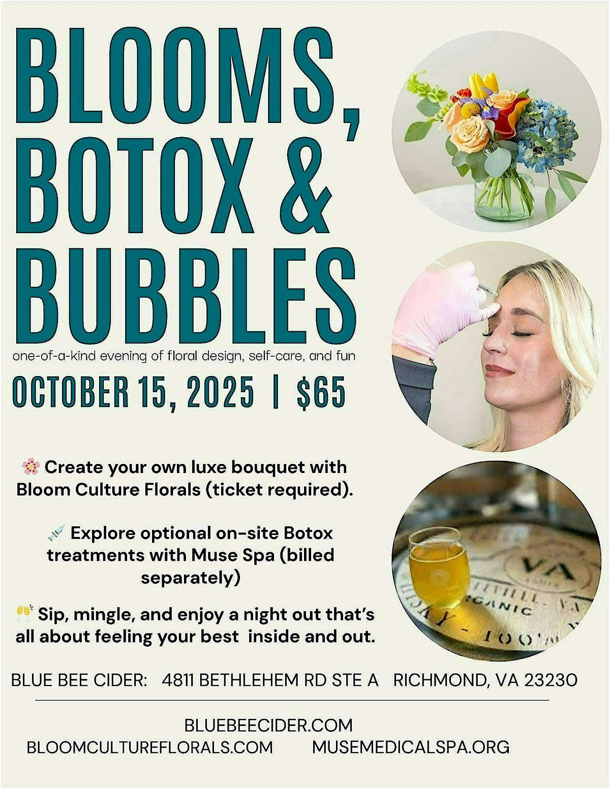 Blooms, Botox & Bubbles at Blue Bee Cider, 15 October | Event in Richmond | AllEvents
