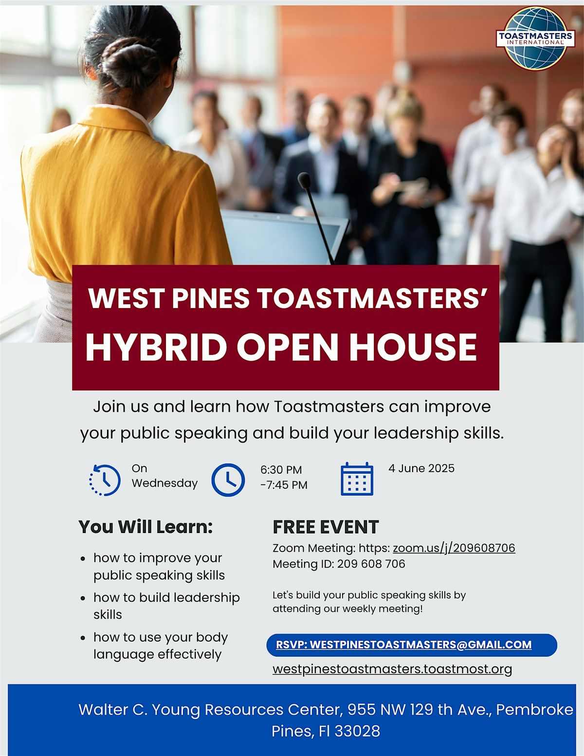 West Pines Toastmasters Hybrid Open House, 8 July | Event in Pembroke Pines | AllEvents