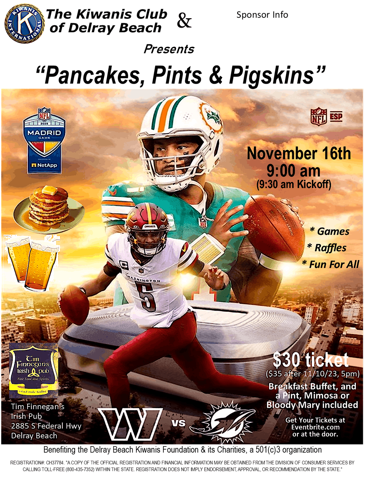 Delray Beach Kiwanis - Pancakes, Pints & Pigskins, 16 November | Event in Delray Beach | AllEvents
