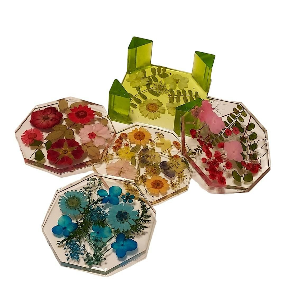 Resin Coaster Set (4) with Holder featuring Beautiful Dried Flowers, 26 September | Event in Ormond Beach