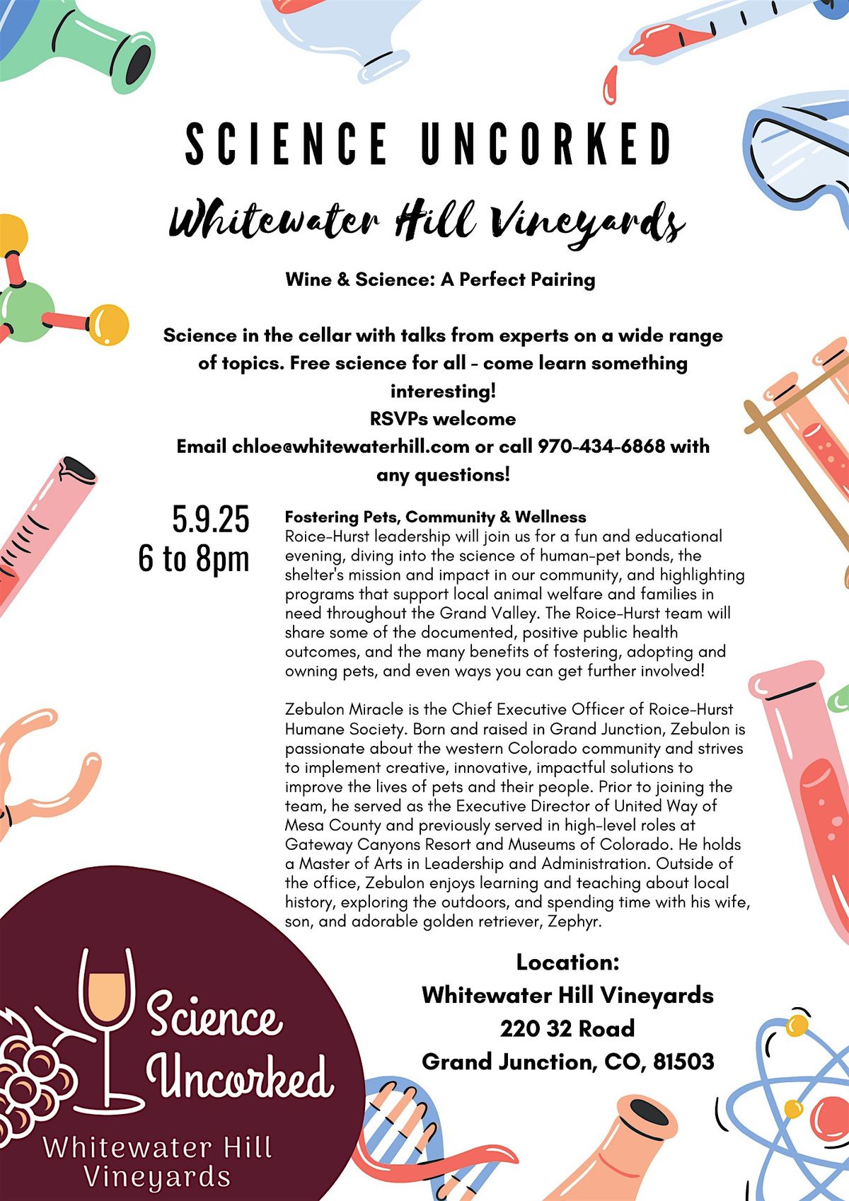 Science Uncorked: Fostering Pets, Community & Wellness with Zebulon Miracle, 9 May | Event in Grand Junction