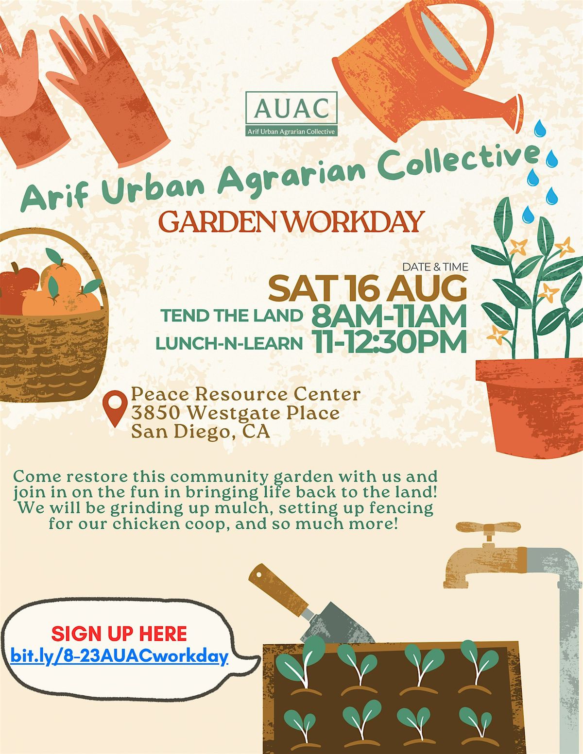 Arif Collective Community Garden Volunteer Workday & Lunch-n-Learn 8.16, 16 August | Event in San Diego