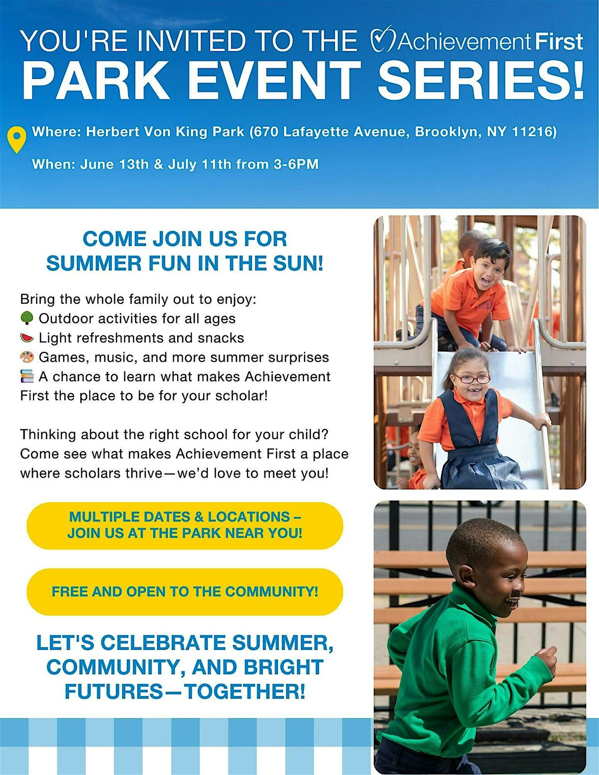 Achievement First Park Series: Herbert Von King Park, 13 June | Event in Brooklyn | AllEvents