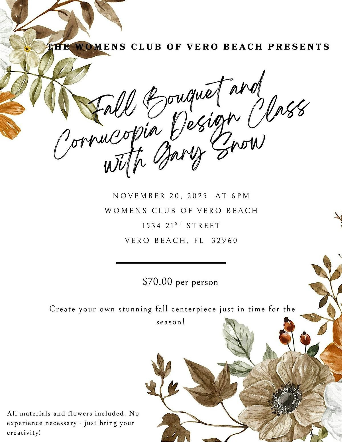 Fall Bouquet  and Cornucopia Design Class with Gary Snow, 20 November | Event in Vero Beach | AllEvents
