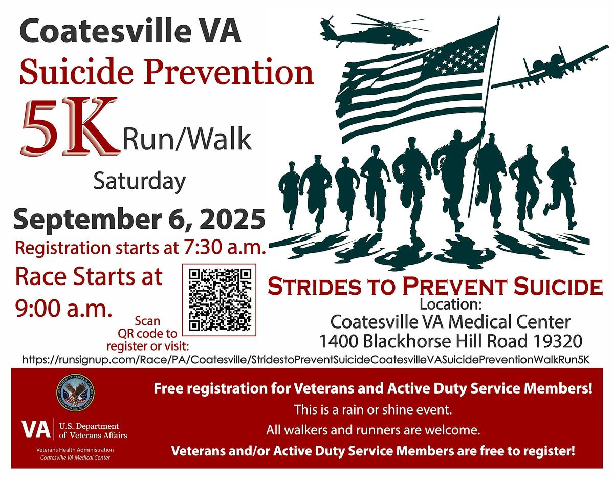 Coatesville VA Suicide Prevention 5K Run/Walk Strides to Prevent Suicide, 6 September | Event in Coatesville