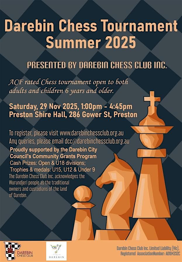 Darebin Chess Club, Summer Tournament (Allegro) | Event in Preston | AllEvents