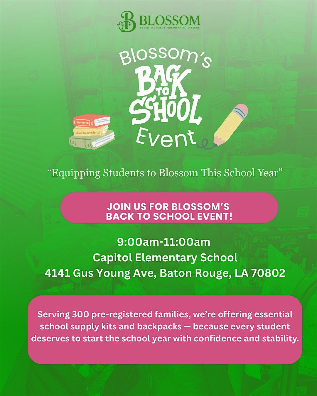 Blossom's Back to School Giveaway Event, 2 August | Event in Baton Rouge | AllEvents